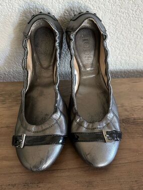 Tod's Metallic Gray Ballet Flats with Black Patent Strap